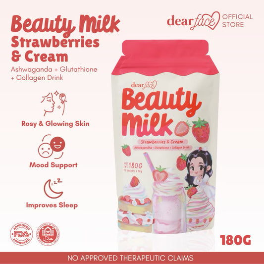 Beauty Milk – Strawberries & Cream Collagen Drink (Ashwagandha + Glutathione + Dipeptide Collagen)