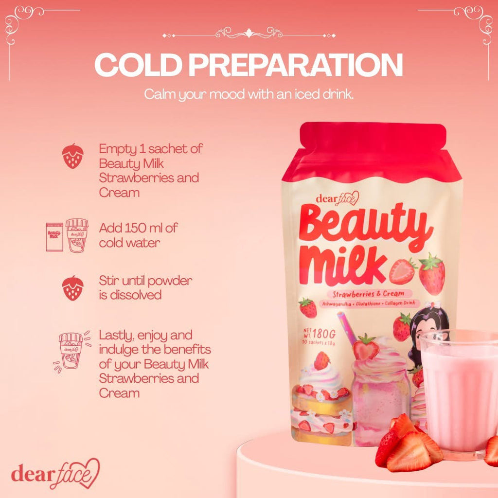Beauty Milk – Strawberries & Cream Collagen Drink (Ashwagandha + Glutathione + Dipeptide Collagen)