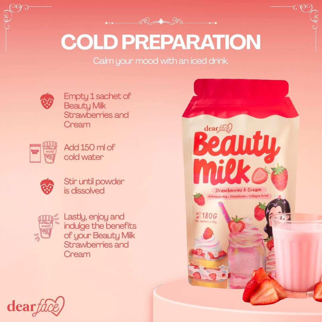 Beauty Milk – Strawberries & Cream Collagen Drink (Ashwagandha + Glutathione + Dipeptide Collagen)