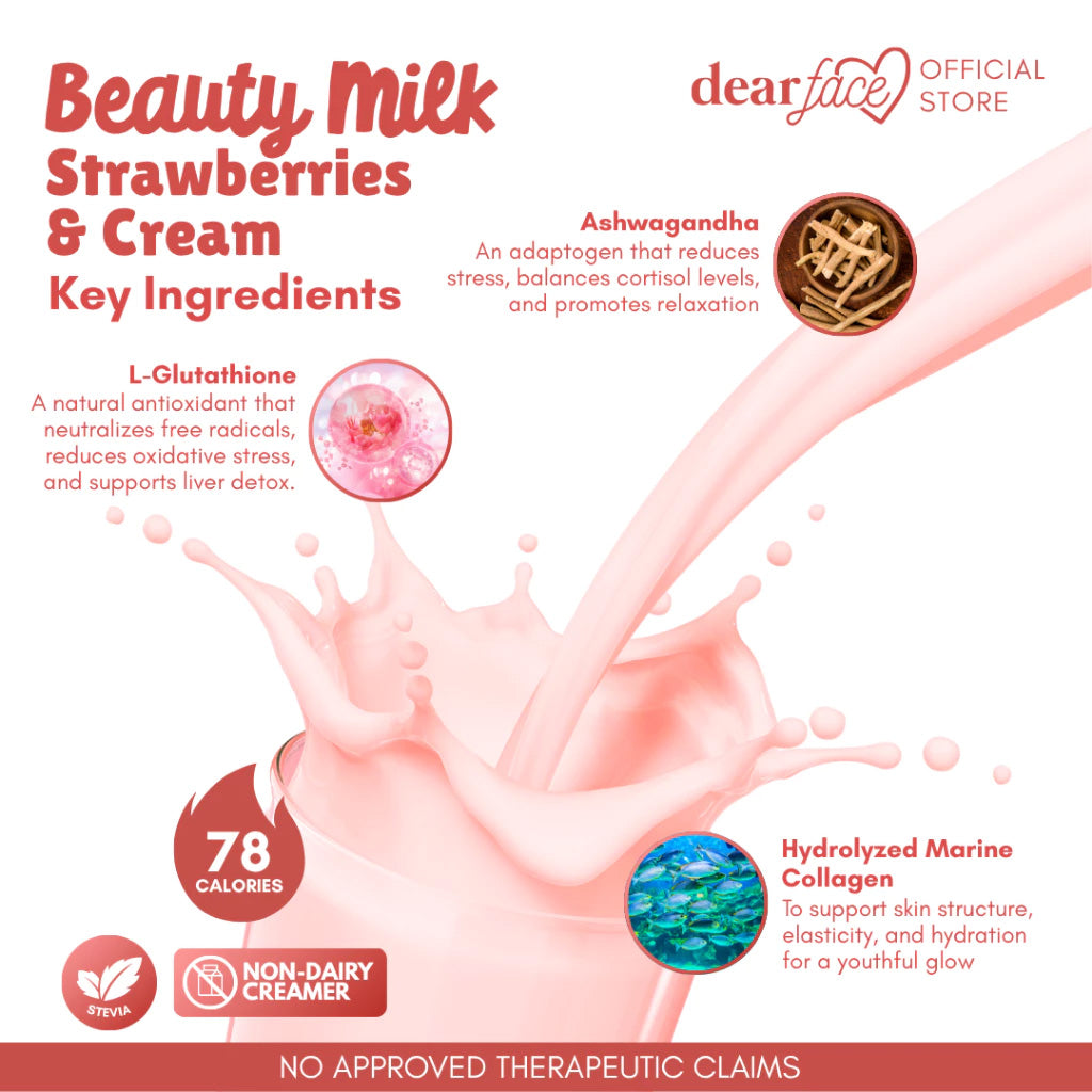 Beauty Milk – Strawberries & Cream Collagen Drink (Ashwagandha + Glutathione + Dipeptide Collagen)